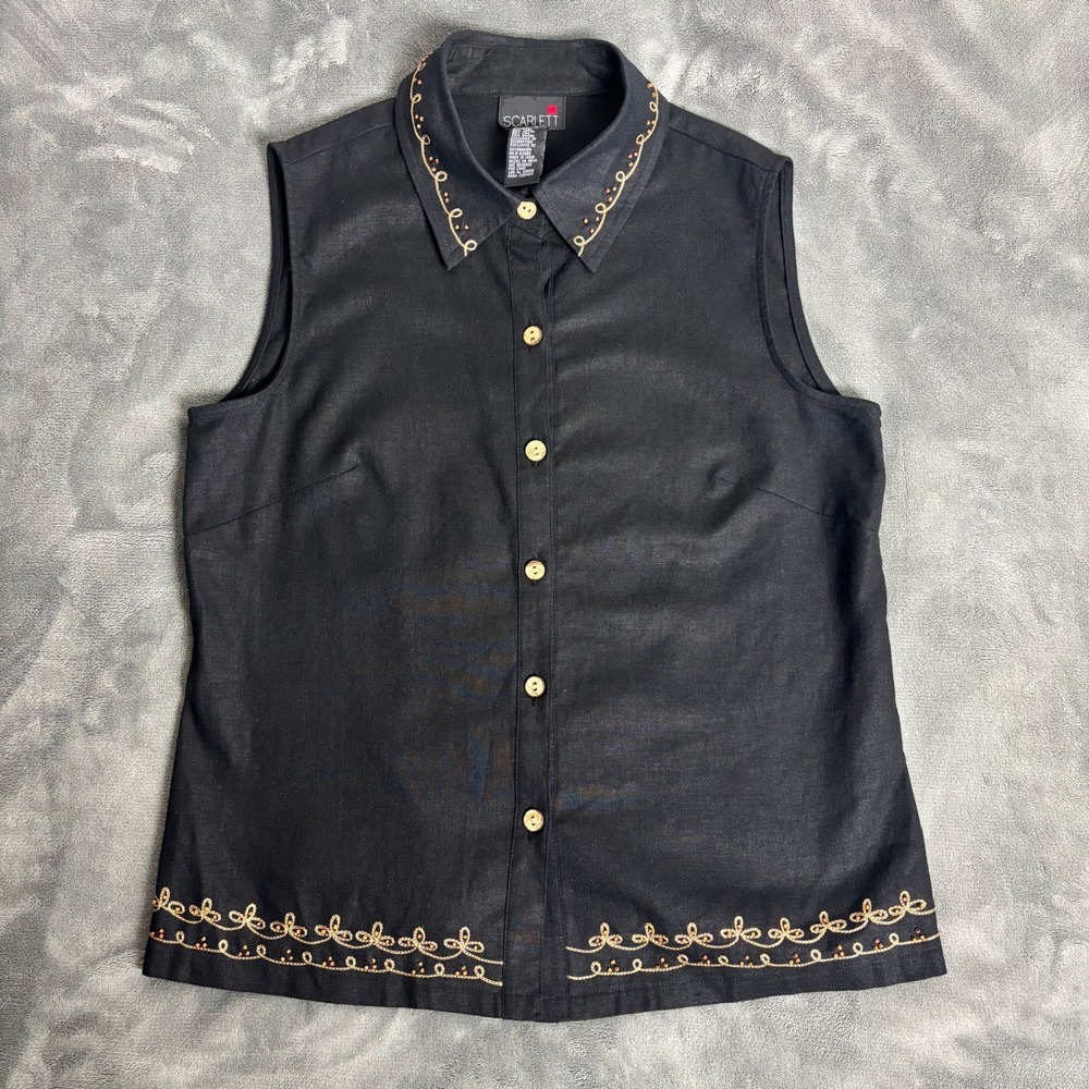 Scarlett Women's 10P Black Linen Blend Sleeveless Embroidered Button Front Top